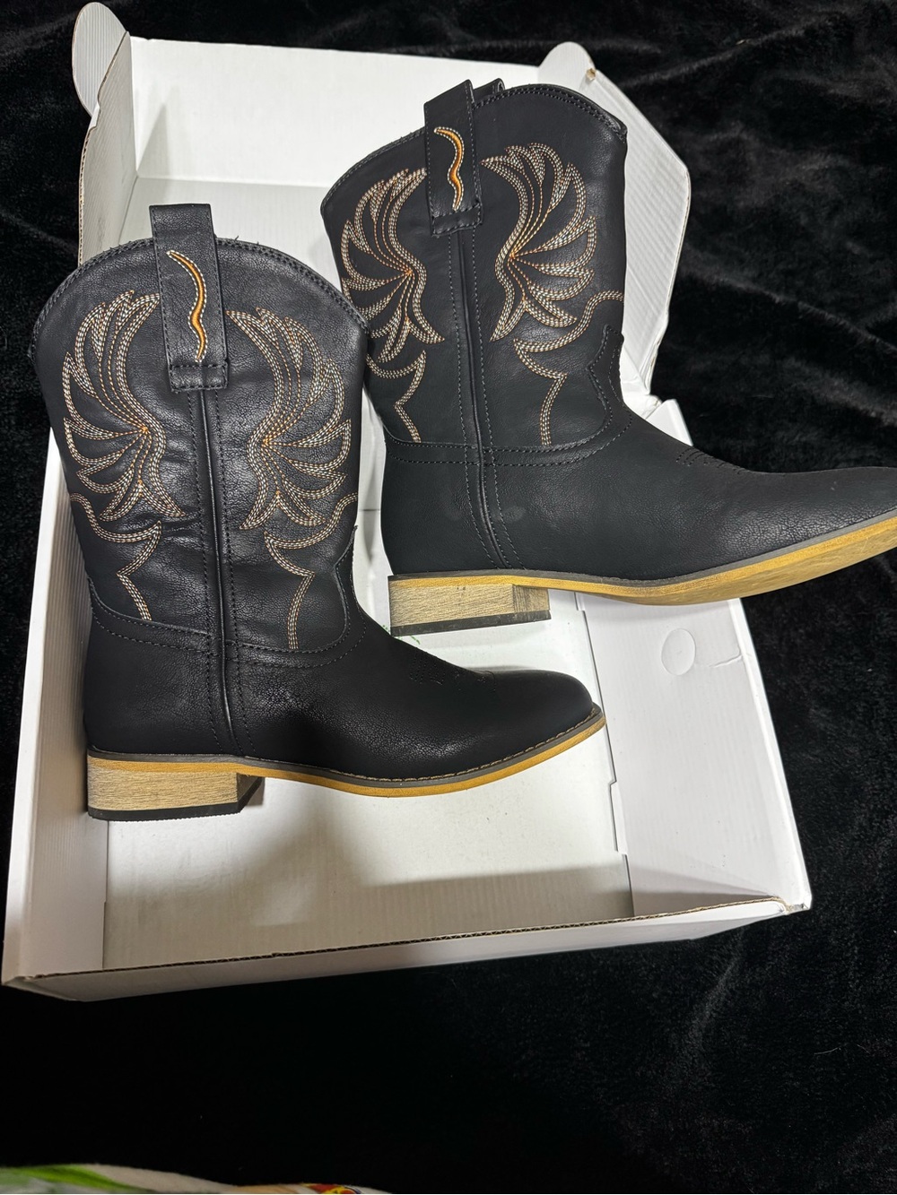 Kids Black Western Pull-On Boots with Tan Accent and Embroidered Shaft